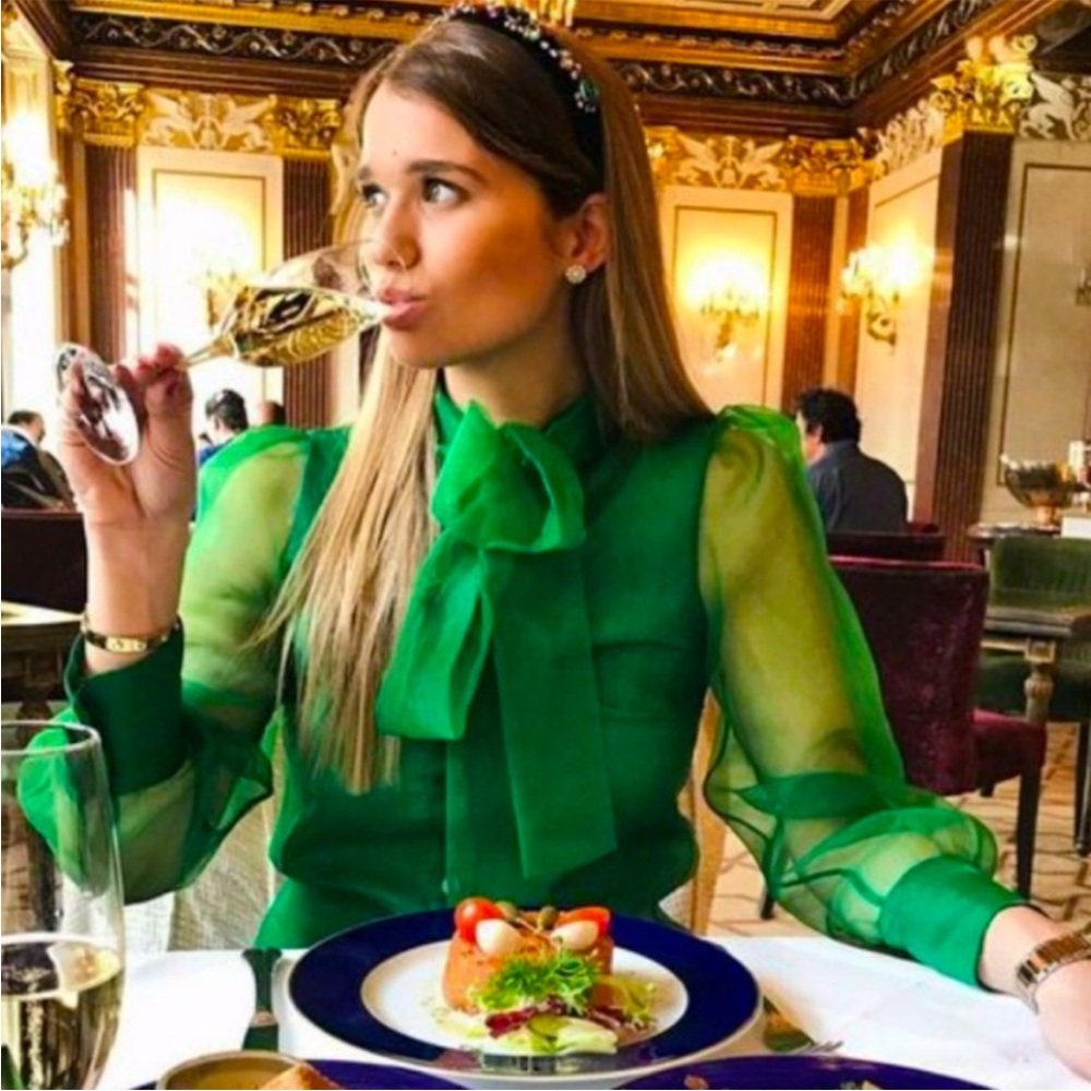Zara organza bow green emerald bow blouse top S